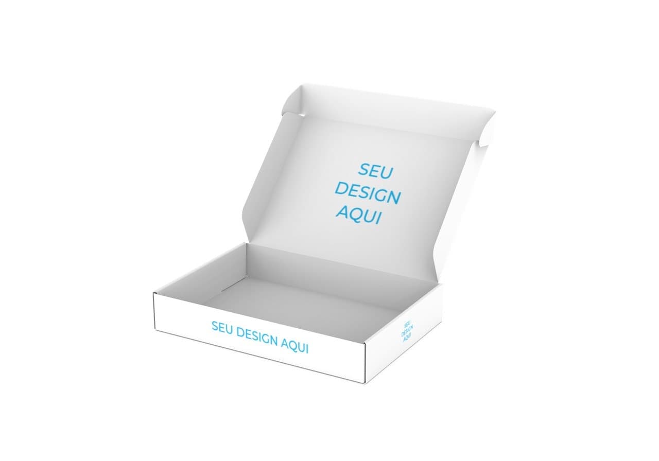 Caixa e-commerce branca tipo sedex, aberta, com área para impressão da marca